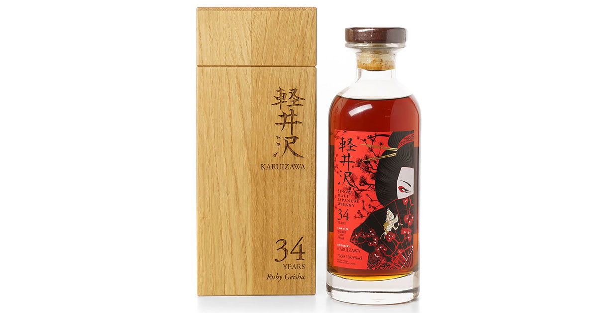 A bottle of Karuizawa Ruby Geisha 34 Year Old. 